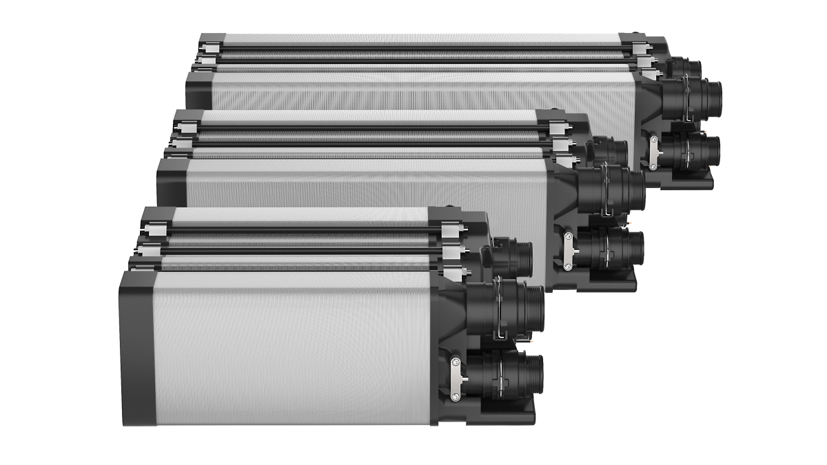 This picture shows three fuel cell stacks in different sizes. 