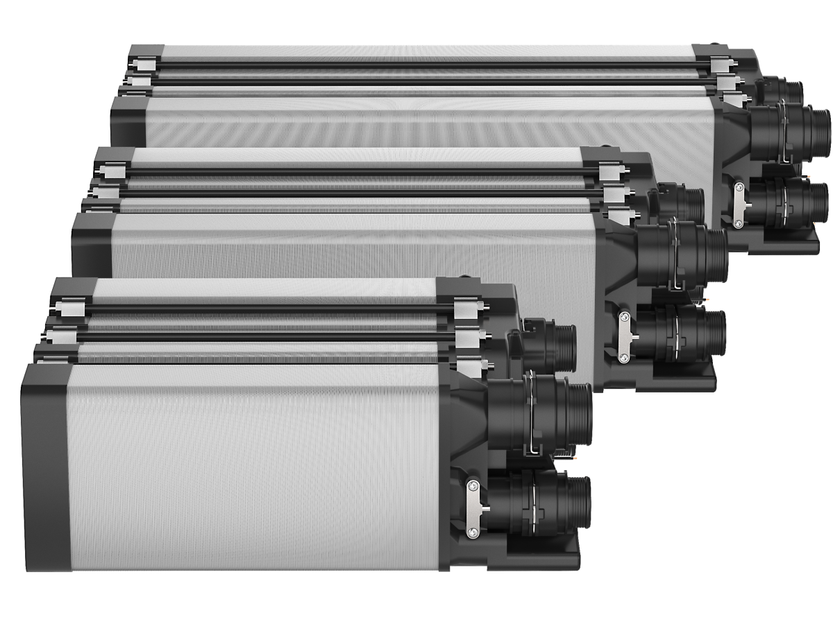 This picture shows three fuel cell stacks in different sizes. 